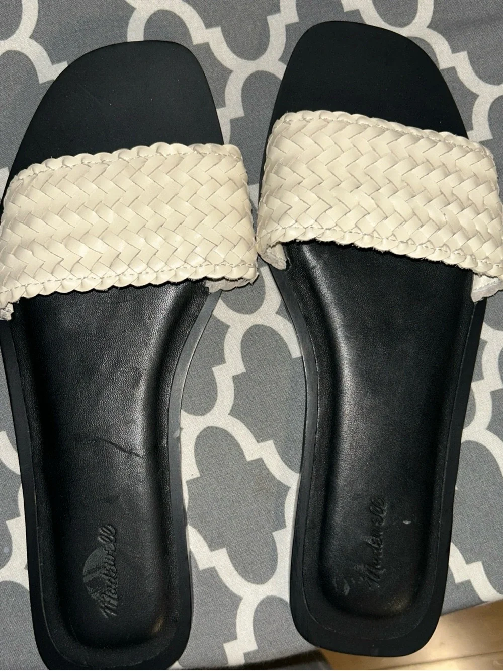 Madewell Woven Strap Slide Sandals in Black and Cream 10